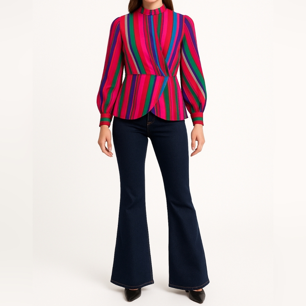 ASOS Striped Mock Neck Faux Wrap Blouse | US 10 | Pink Multi | Retro Statement